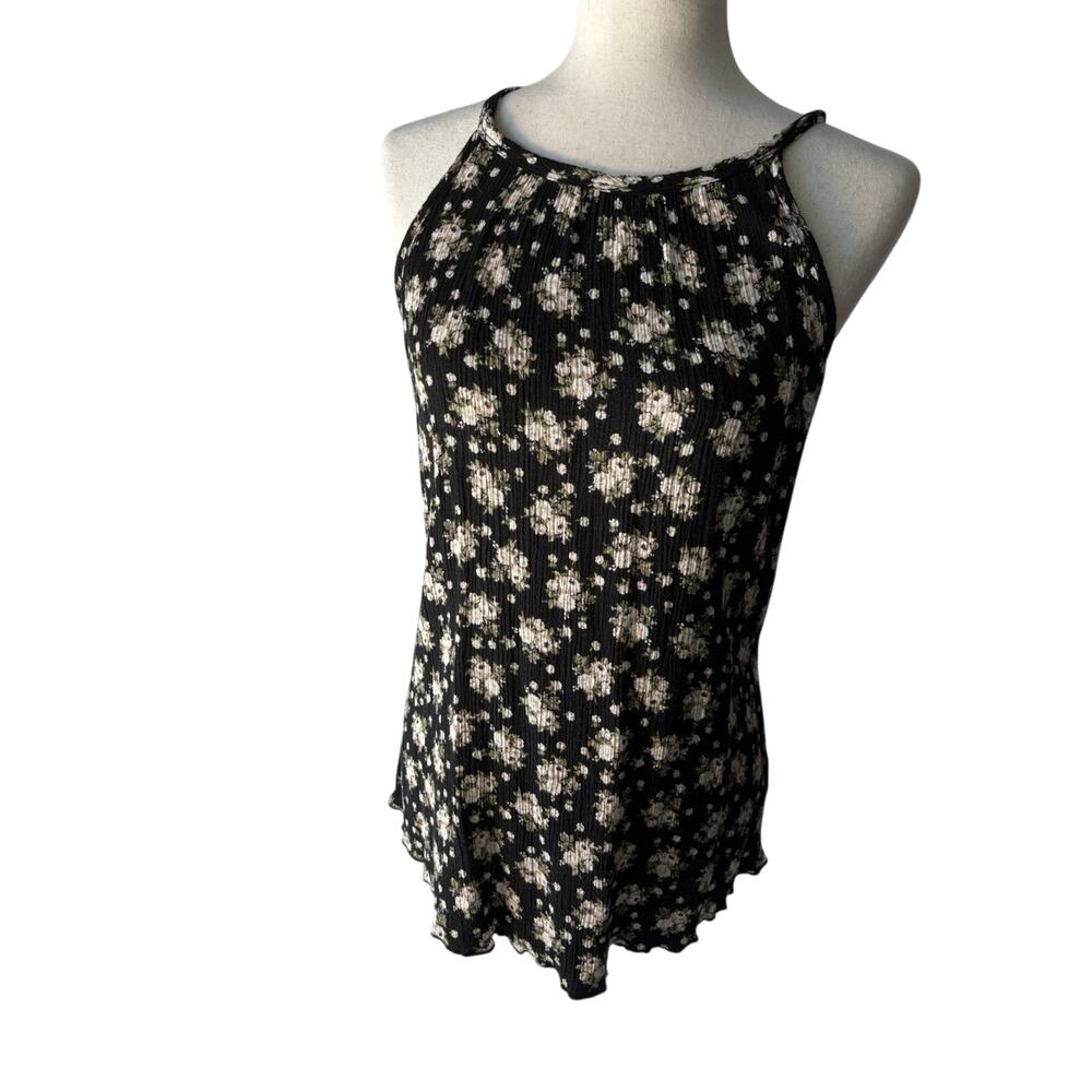 Free Kisses Black Floral Ribbed Tank with Keyhole Detail